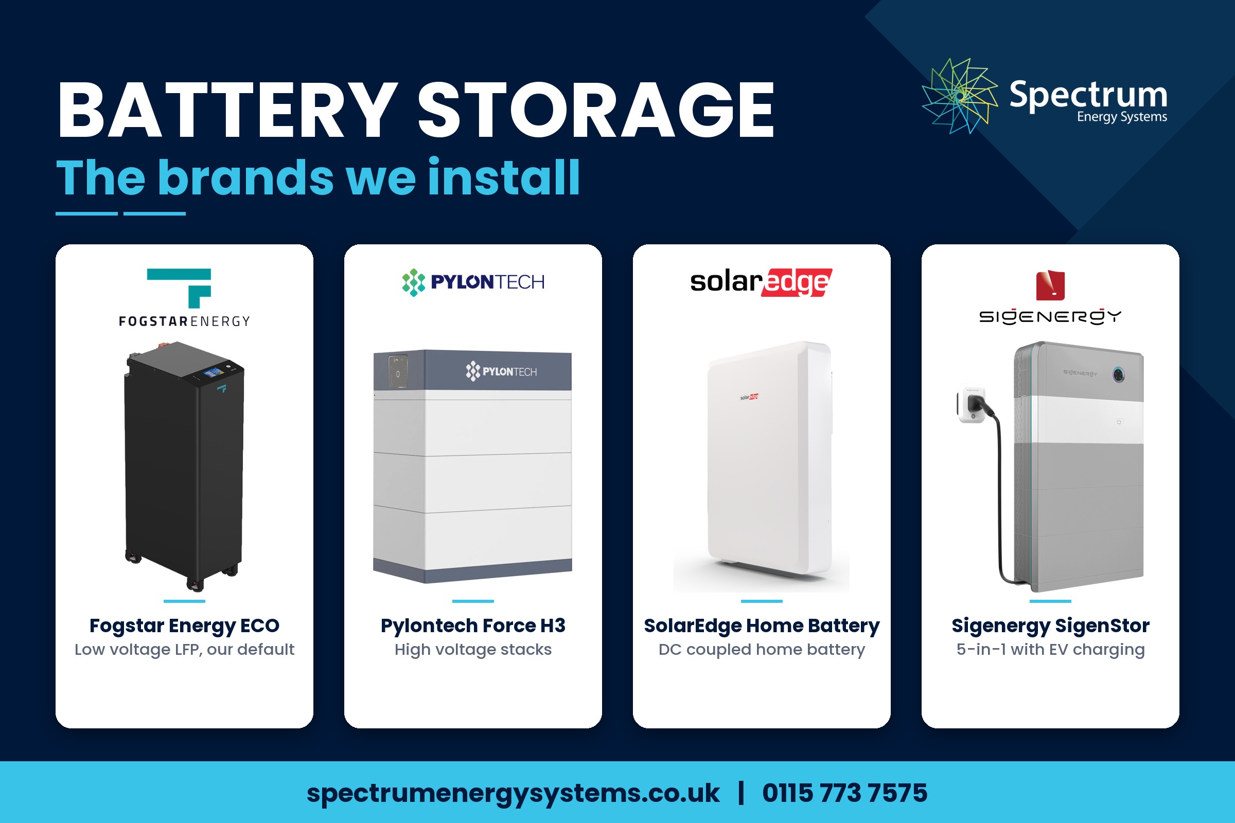 Commercial Battery Storage for Solar PV | UK Guide: the battery storage brands Spectrum Energy Systems installs, Fogstar Energy ECO, Pylontech Force H3, SolarEdge Home Battery and Sigenergy SigenStor