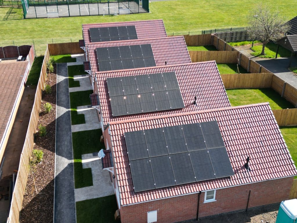New-build homes with all-black rooftop solar panels on an East Midlands development