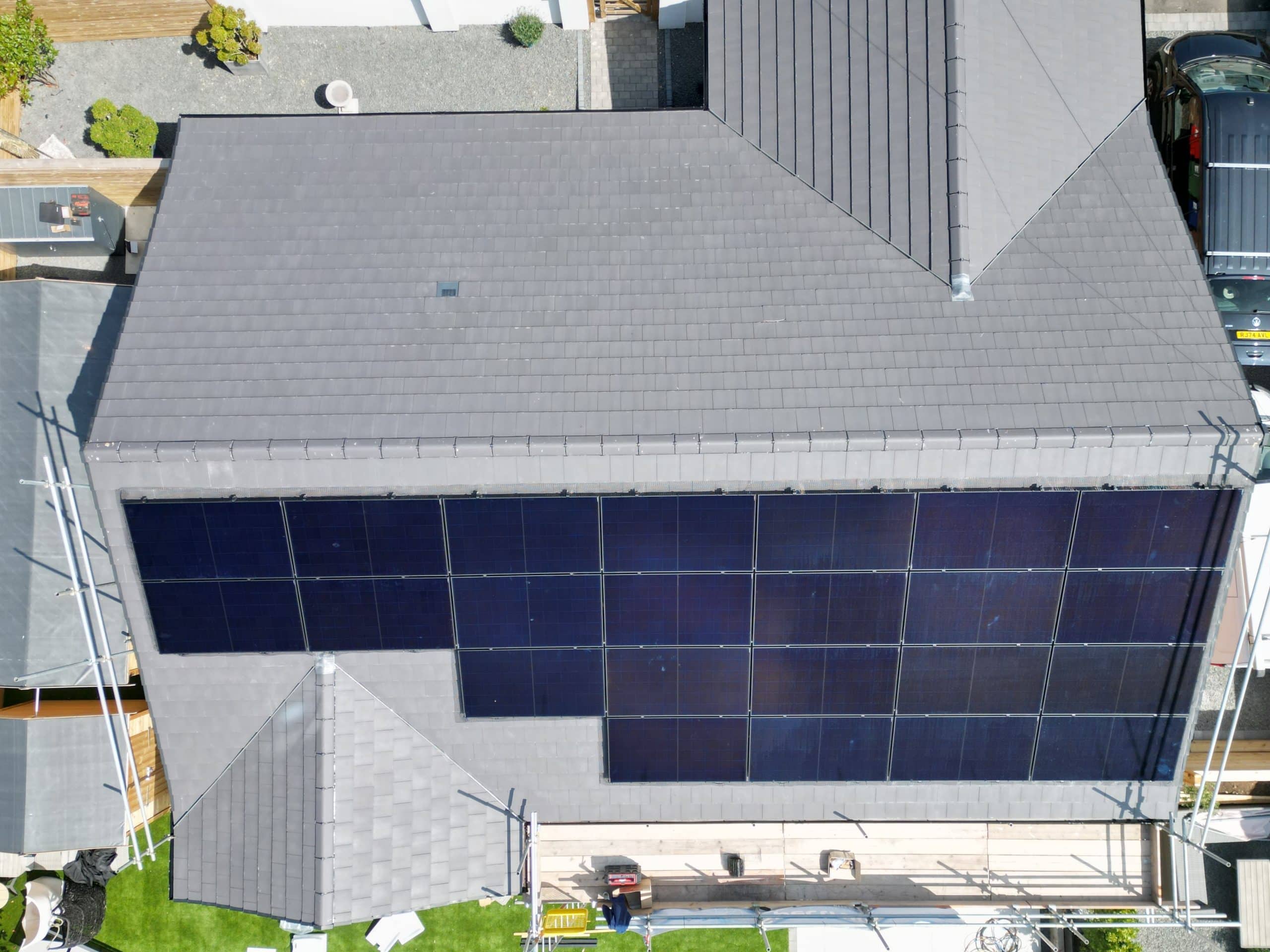 Completed 12kW residential solar installation on bungalow roof in Papplewick, Nottingham showing 24 Longi all-black panels