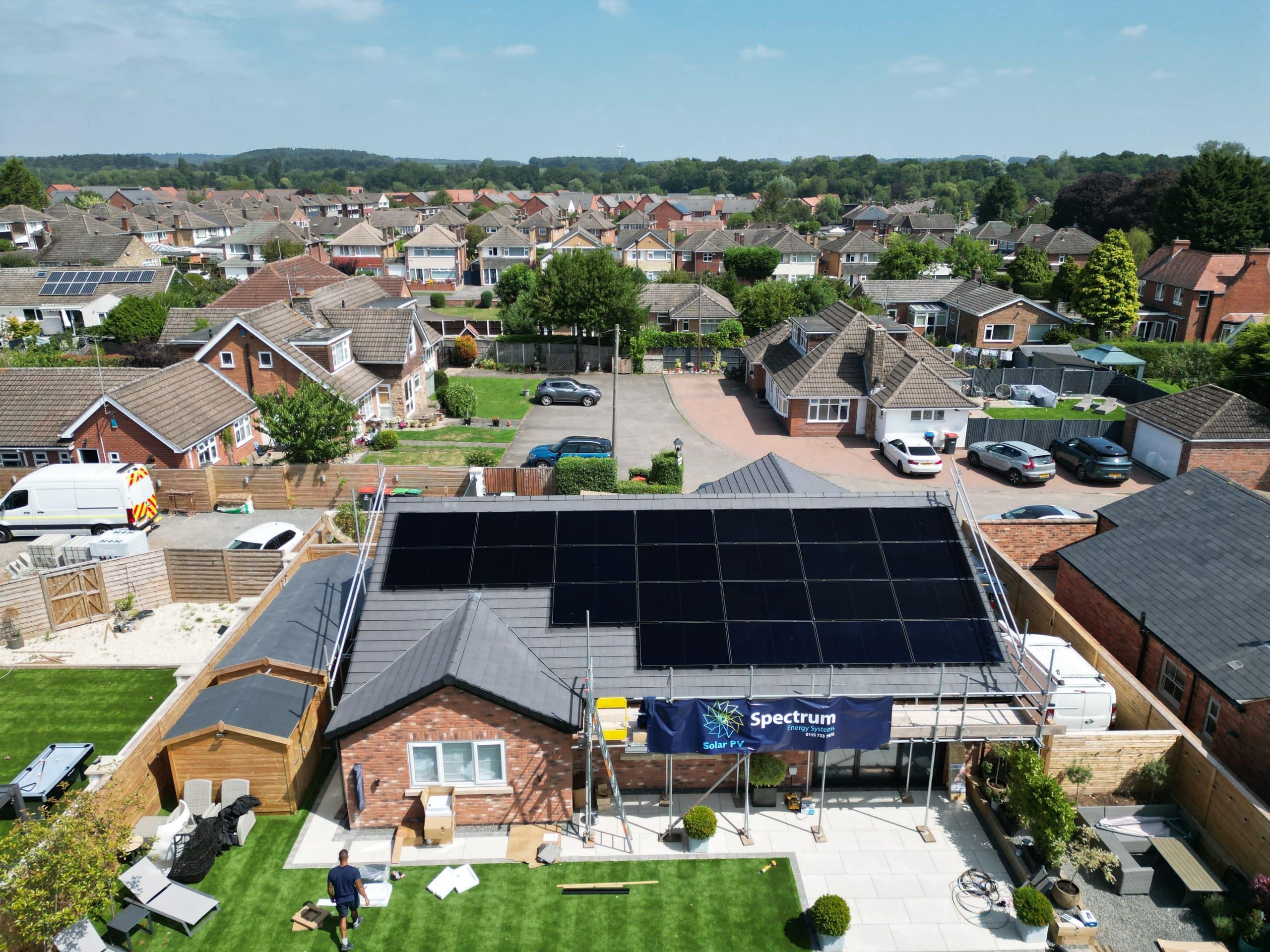 Aerial overview of 24 Longi solar panels nearing completion on Papplewick residential installation