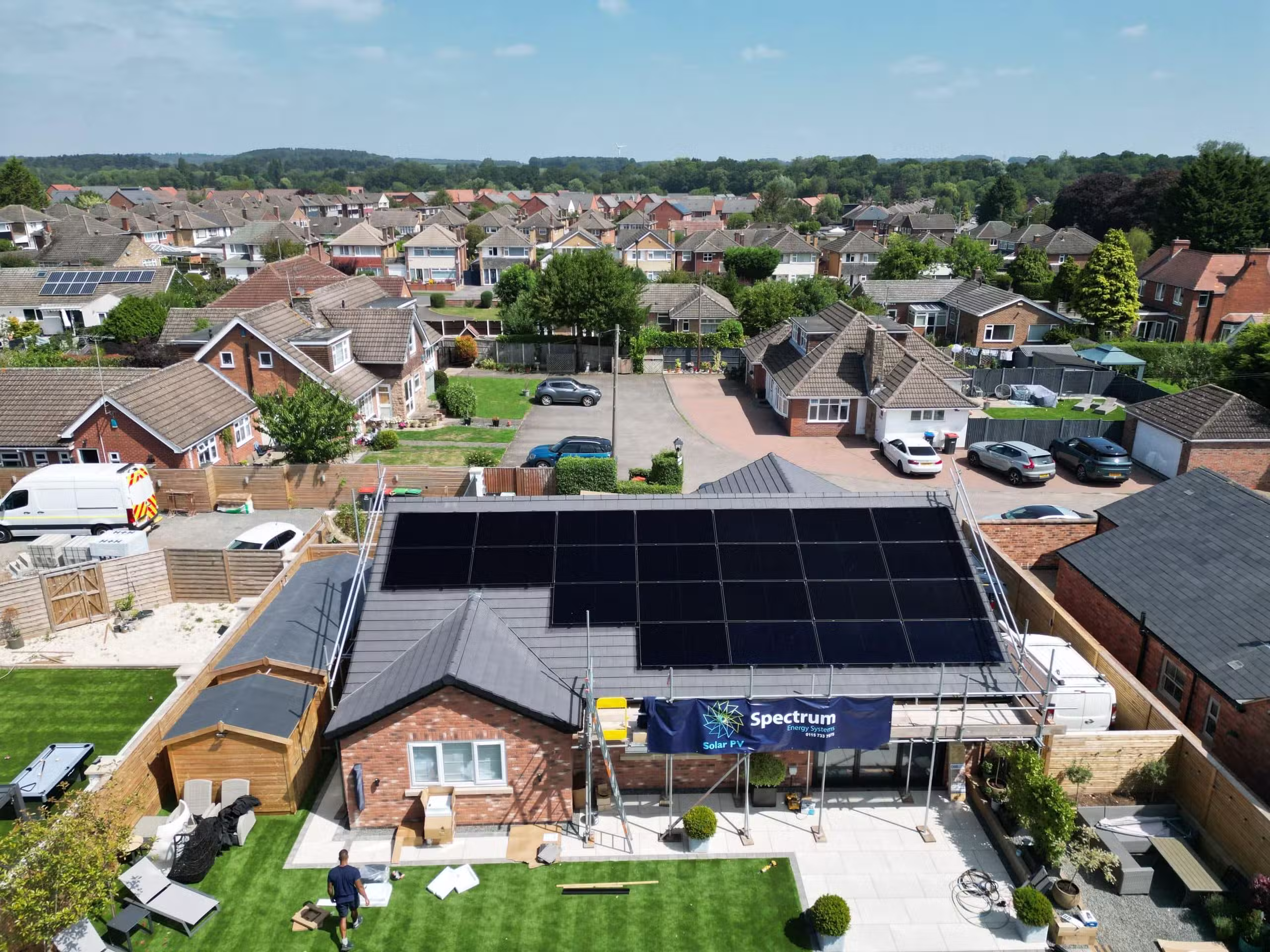 Aerial drone view of 11.65kW solar array nearing completion on Papplewick residential installation