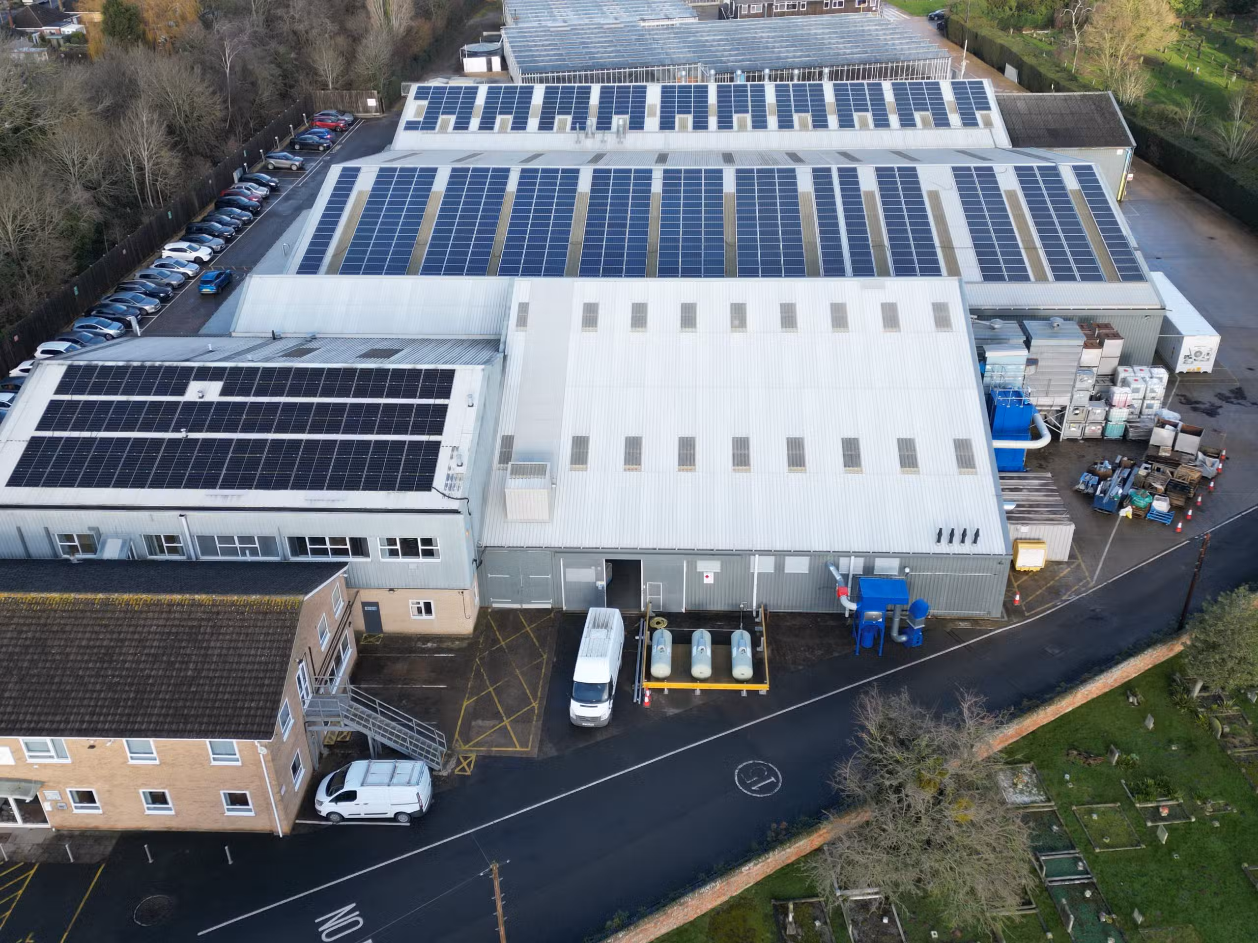 Multi-building warehouse complex with 177kW commercial solar panel array at Elsoms Seeds processing facility