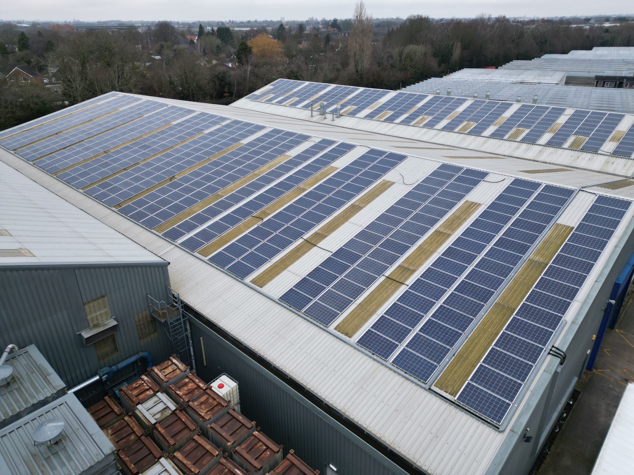 177kW solar array installed on metal sheet warehouse roof at Elsoms Seeds processing facility