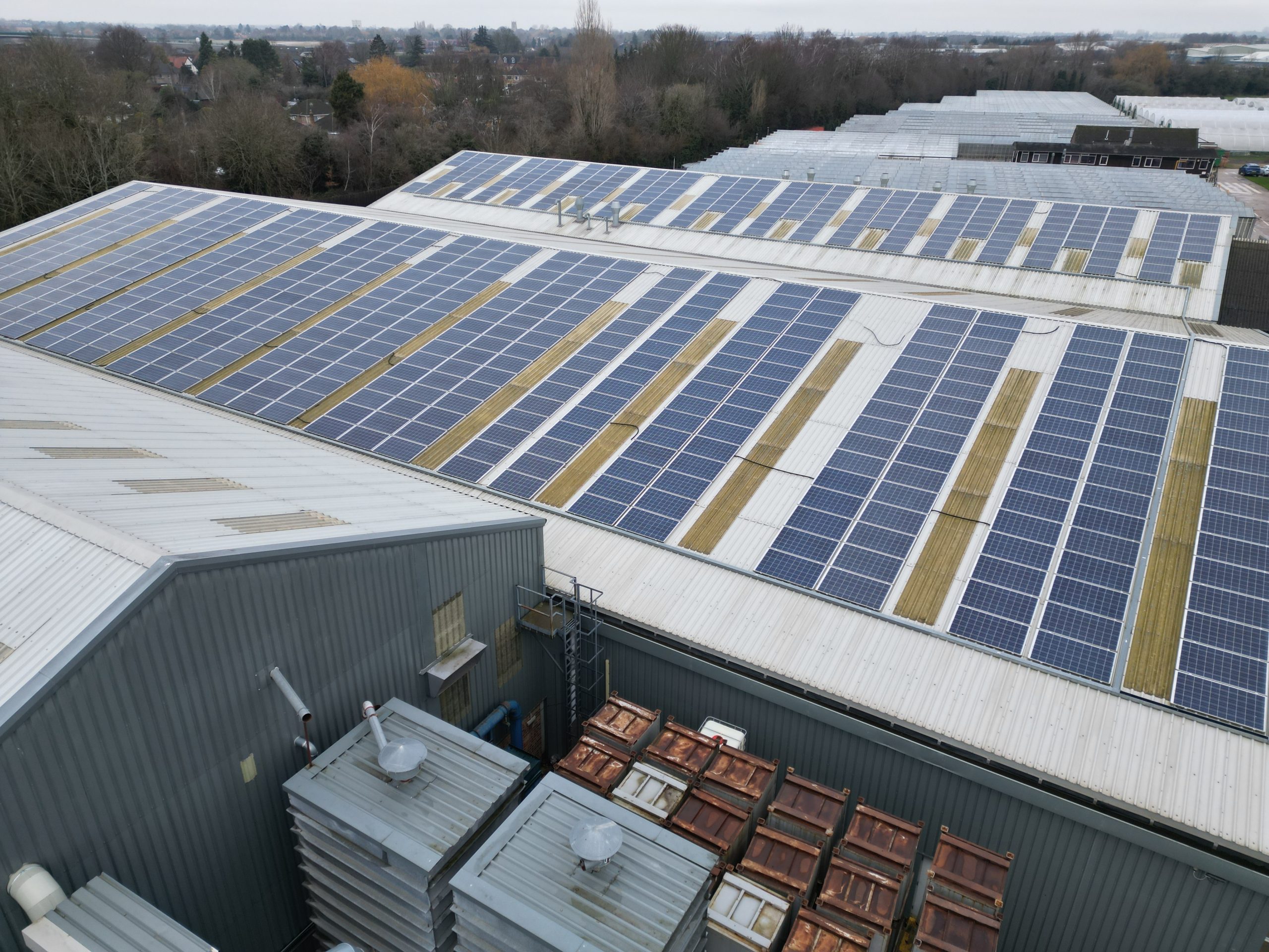 177kWp commercial solar panel array on corrugated metal roof completed installation at Elsoms Seeds