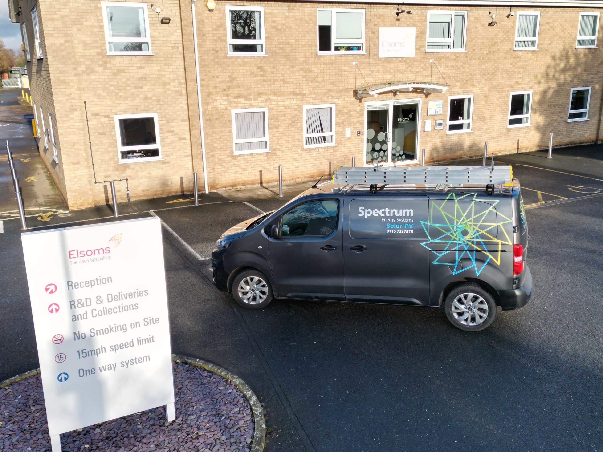 Spectrum Energy Systems installation van on site at Elsoms Seeds commercial solar project in Spalding