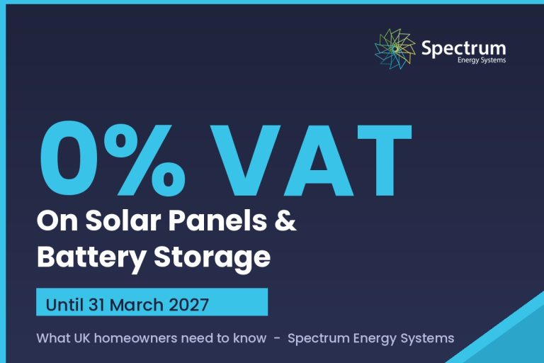 0% VAT on solar panels and battery storage until 31 March 2027 - branded Spectrum Energy Systems summary card