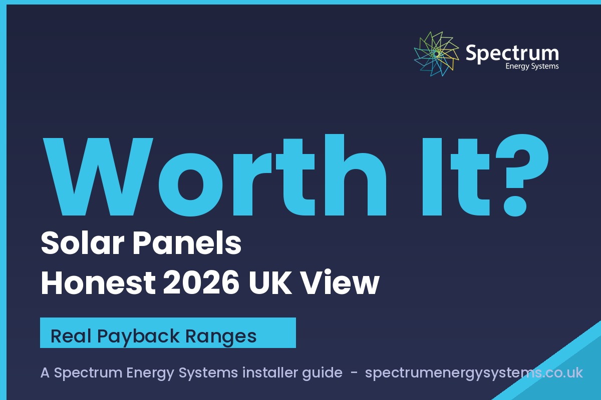 are solar panels worth it 2026 — Worth It? branded card with Spectrum Energy Systems logo and Real Payback Ranges badge
