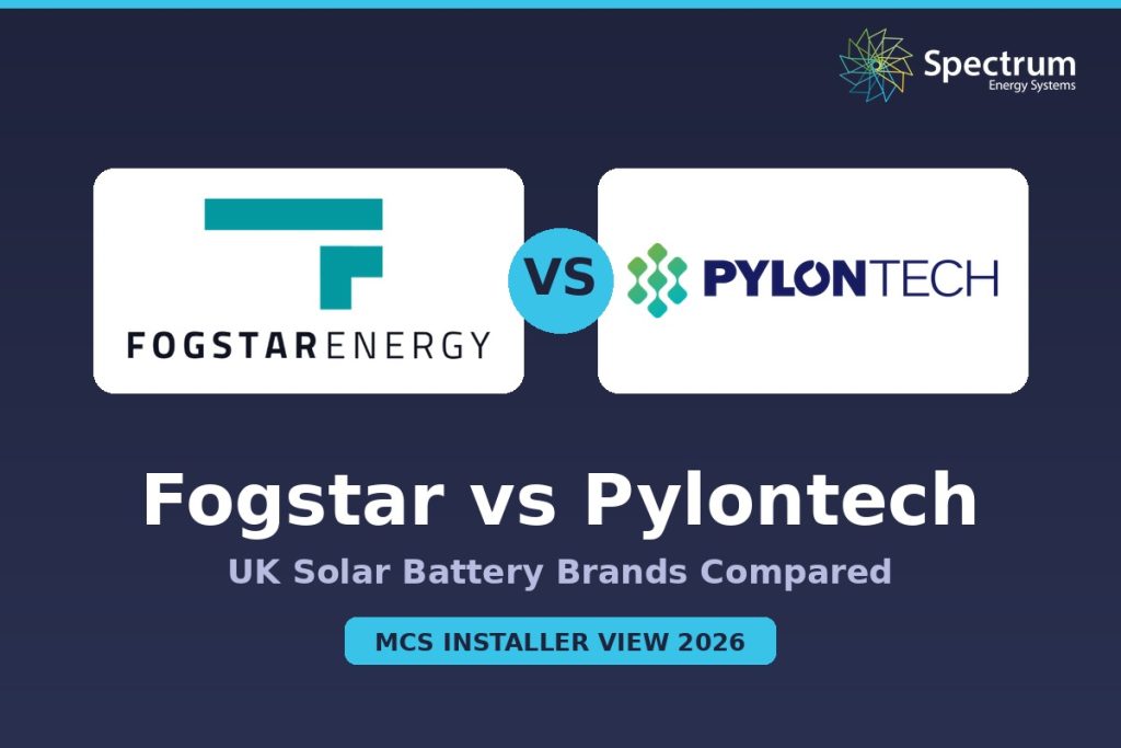 fogstar vs pylontech — Fogstar vs Pylontech branded comparison card with both brand logos, Spectrum Energy Systems MCS installer view 2026