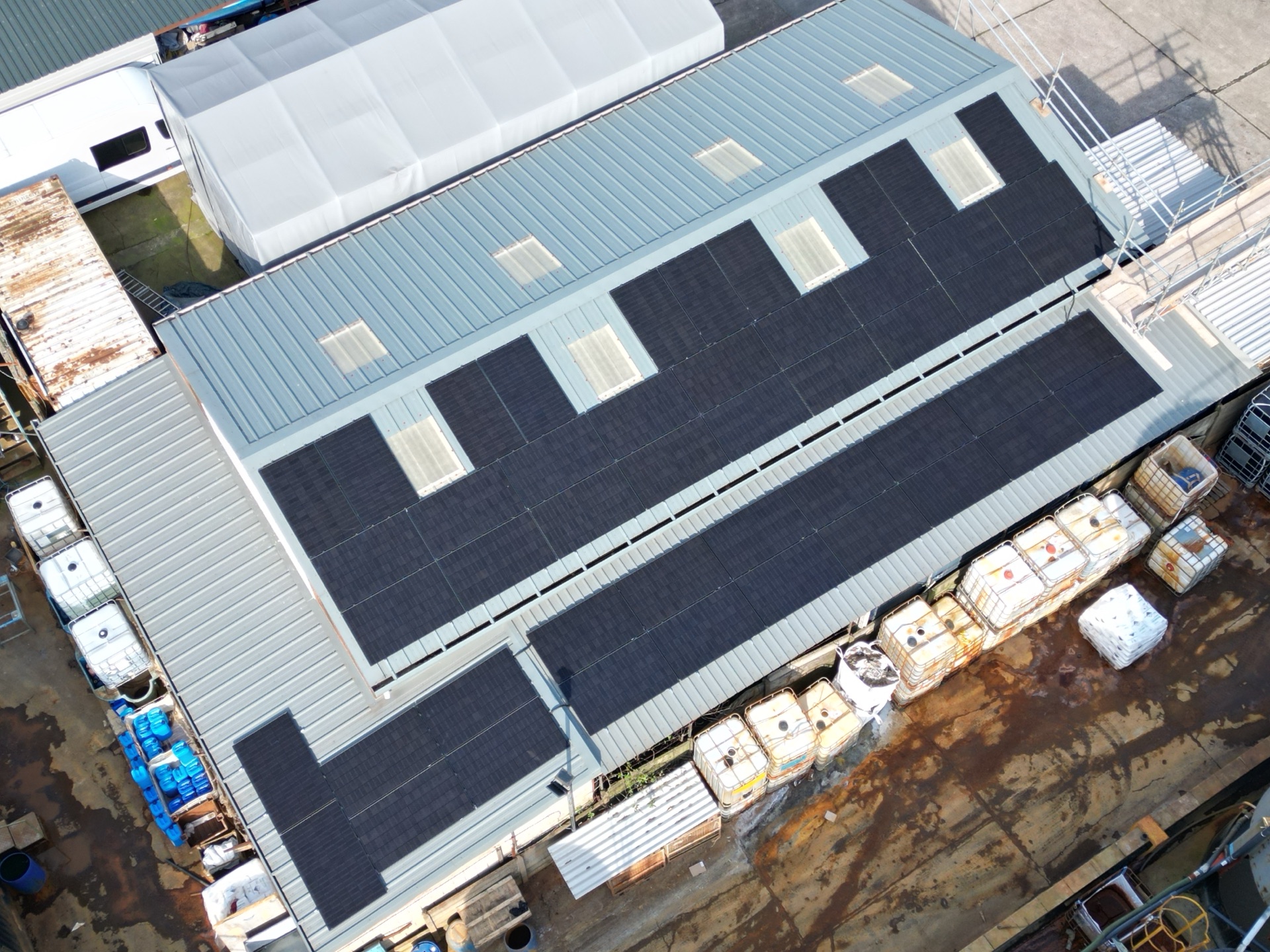 Solar panel string layout designed around rows of skylights on the workshop roof at Keyte Smith, Kirkby-in-Ashfield