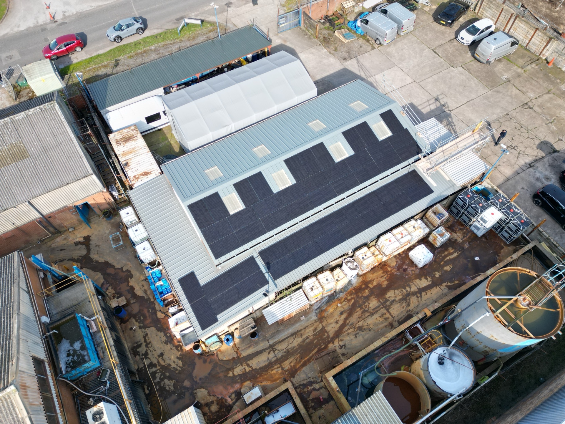 Drone view of the Keyte Smith commercial site in Kirkby-in-Ashfield during the solar panel installation