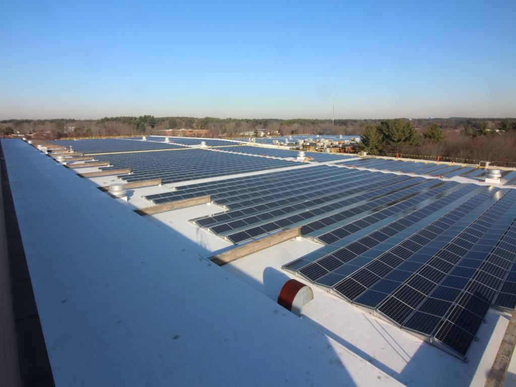 Solar panel array covering the flat roof of a school building