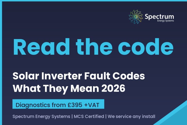 Solar inverter fault codes explained 2026, diagnostics from £395 +VAT (Spectrum Energy Systems branded card)