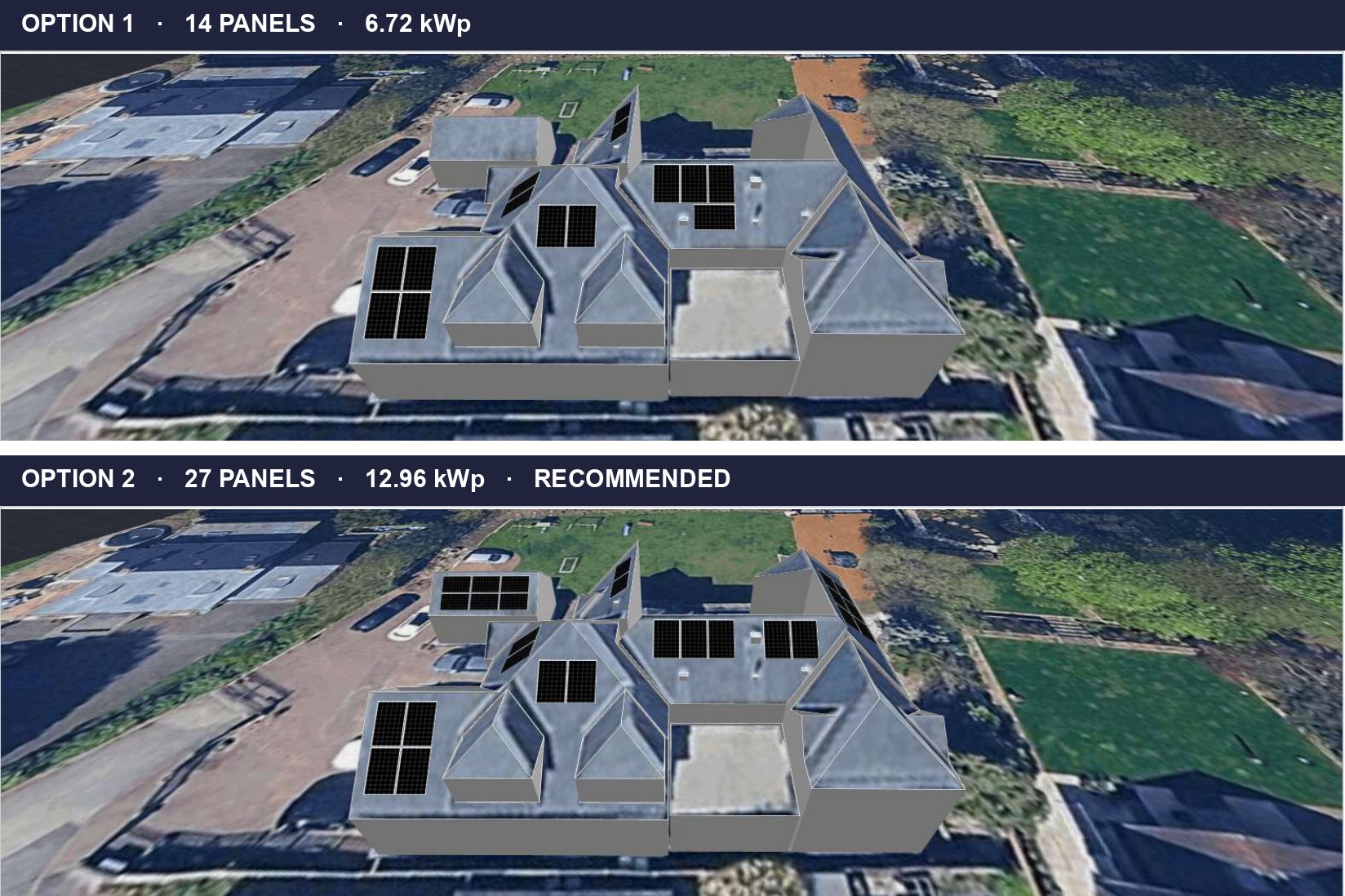 Solar panel installation cost Nottingham, two system design options rendered on a real Nottingham roof (Spectrum Energy Systems design)