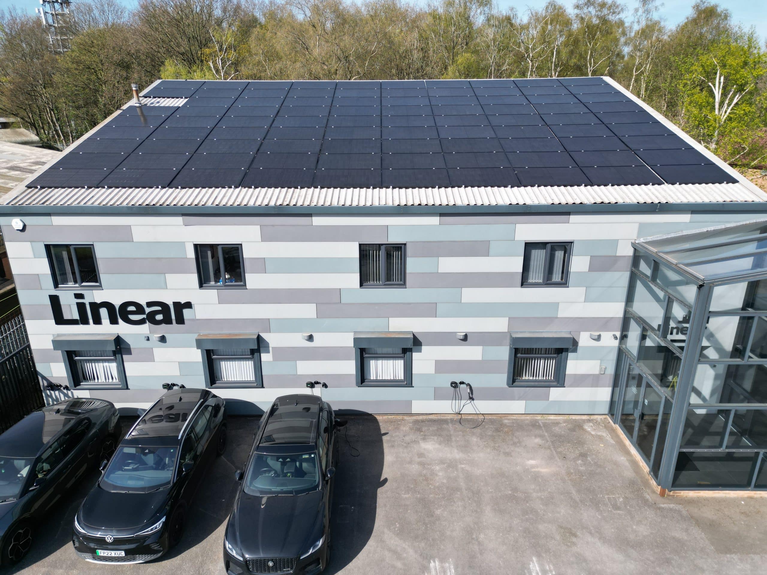 Solar panels for business premises on a metal commercial roof at Linear Insulation, Nottingham (Spectrum Energy Systems UK installation)