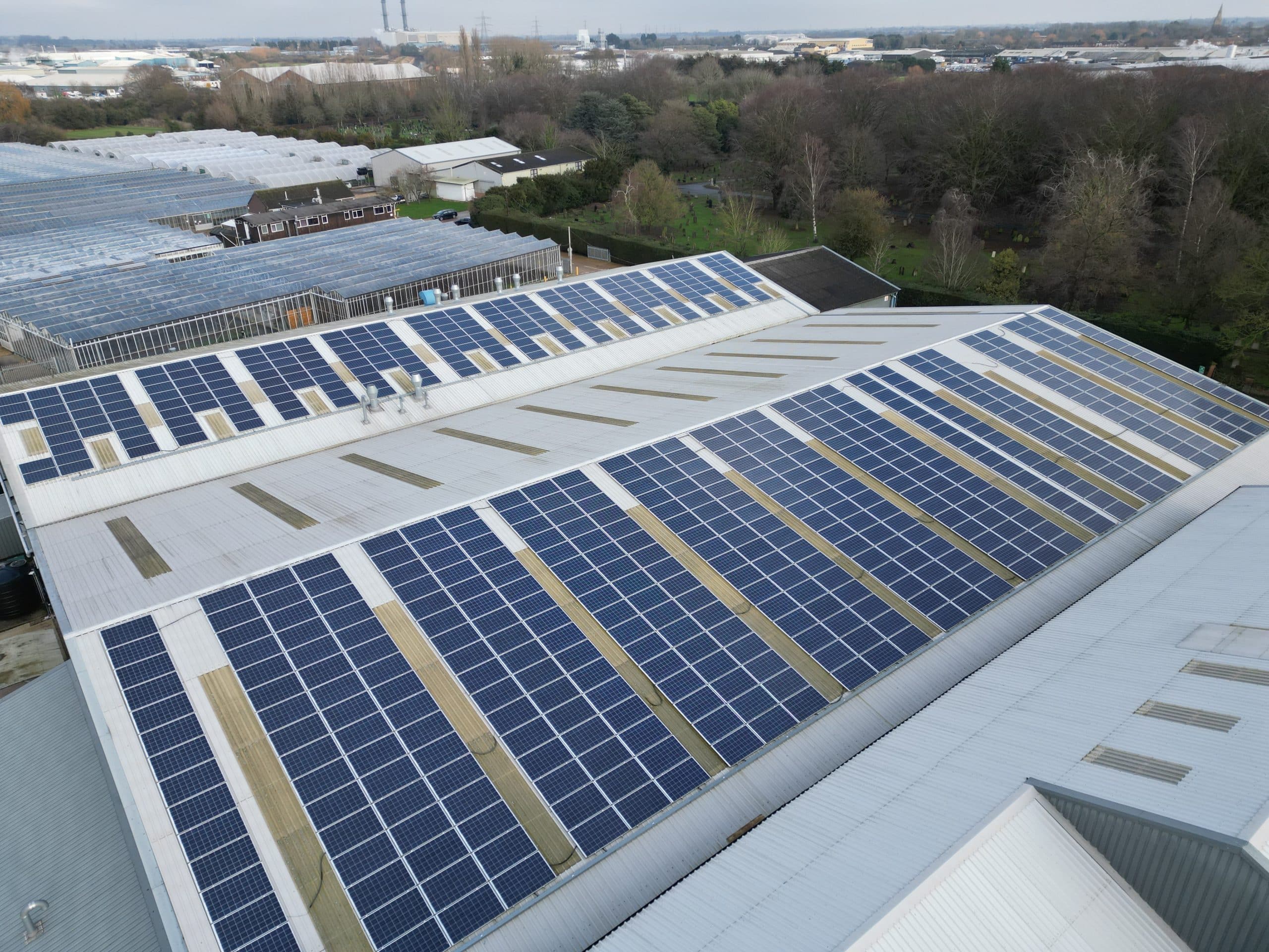 Solar panels for warehouses at scale: 177kWp array on a metal warehouse roof in Spalding (Spectrum Energy Systems UK installation)
