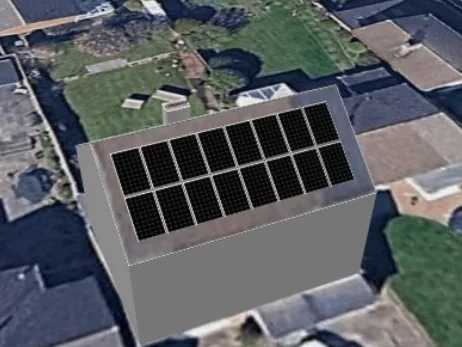 3D roof design showing 16 solar panels on a roof in Bramcote, NG9