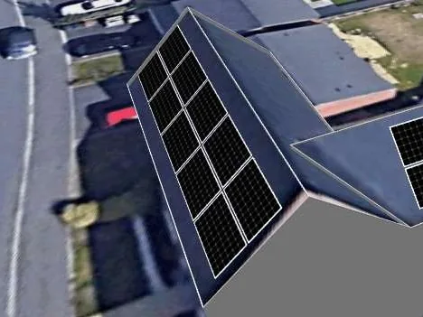 3D roof design showing 16 solar panels on a roof in Derby, DE23