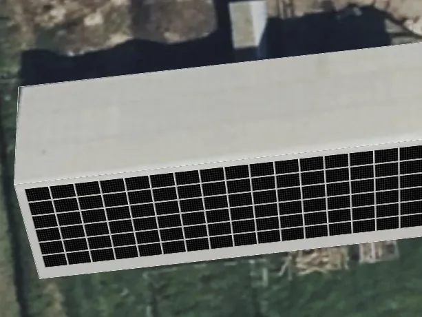 3D roof design showing 108 solar panels on a roof in Frolesworth, LE17