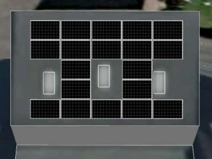 3D roof design showing 19 solar panels on a roof in Greylees, NG34