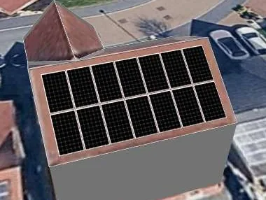 3D roof design showing 14 solar panels on a roof in Hucknall, NG15