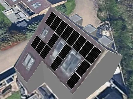 3D roof design showing 16 solar panels on a roof in Hucknall, NG15