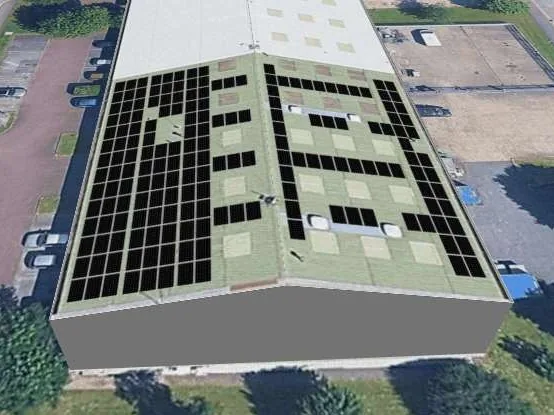 3D roof design showing 182 solar panels on a roof in Leicester, LE5