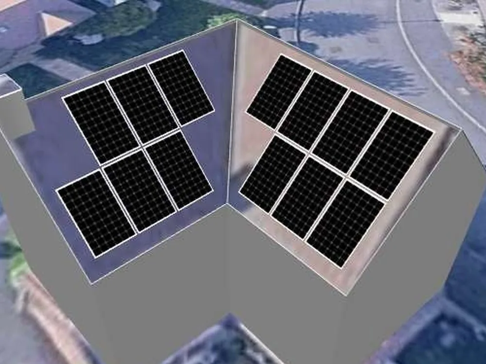 3D roof design showing 13 solar panels on a roof in Leicester, LE7