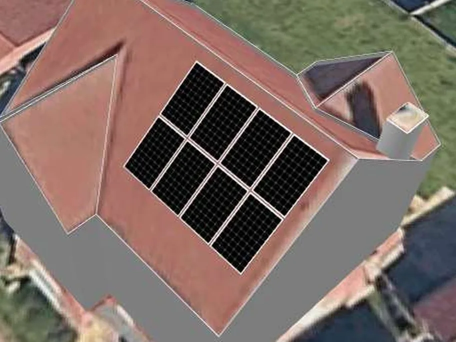 3D roof design showing 8 solar panels on a roof in Nottingham, NG11