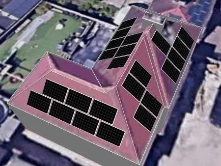3D roof design showing 23 solar panels on a roof in Old Whittington, S41