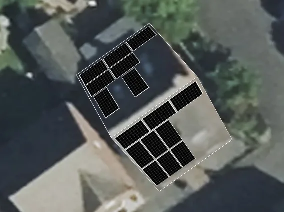 3D roof design showing 16 solar panels on a roof in Quorn, LE12