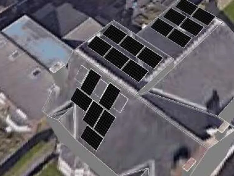 3D roof design showing 18 solar panels on a roof in Rotherham, S60