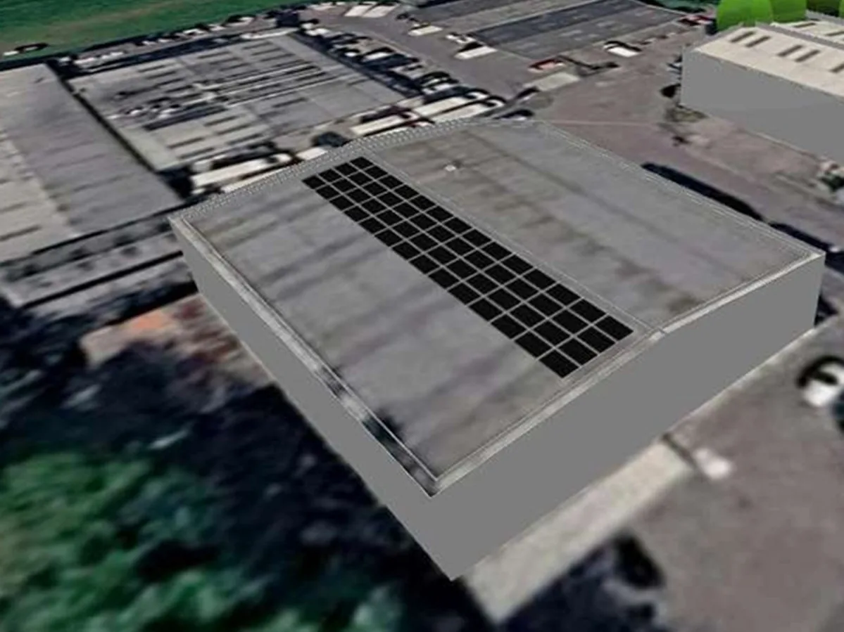 3D roof design showing 56 solar panels on a roof in Southwell, NG25