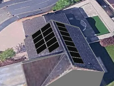 3D roof design showing 17 solar panels on a roof in Stafford, ST18