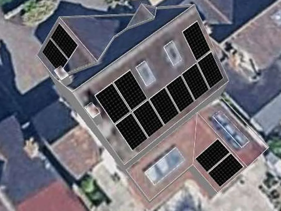 3D roof design showing 13 solar panels on a roof in West Bridgford, NG2