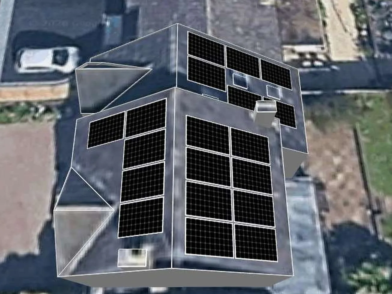 3D roof design showing 19 solar panels on a roof in West Bridgford, NG2